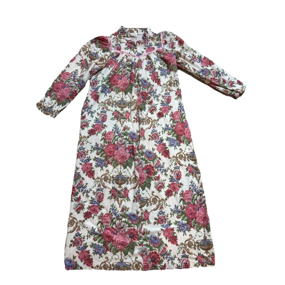 Vintage Appel floral zip down house coat robe womens 80s pocket multi color Sz M